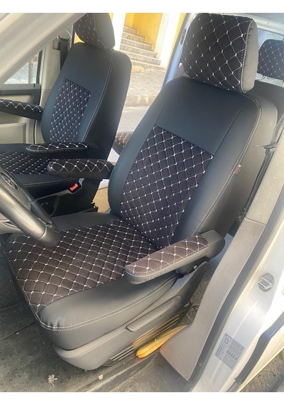 Volkswogen Transporter 4+1 2015 2022 Arası Uyumlu Siyah Zemin Beyaz Nakışlı Siyah Deri