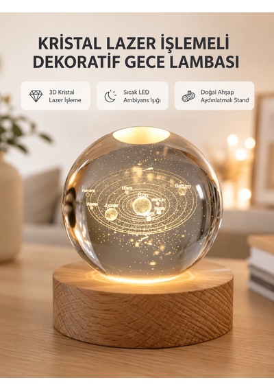 Usb Bağlantılı Işıklı Kristal Küre Modern Ahşap Tabanlı Dekor - Lisinya 77665465