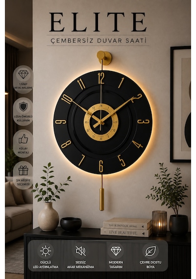 MetaQuartz Aksesuar Kardelen Gold Siyah Ledli 12 - 24 Duvar Saati Siyah - Gold