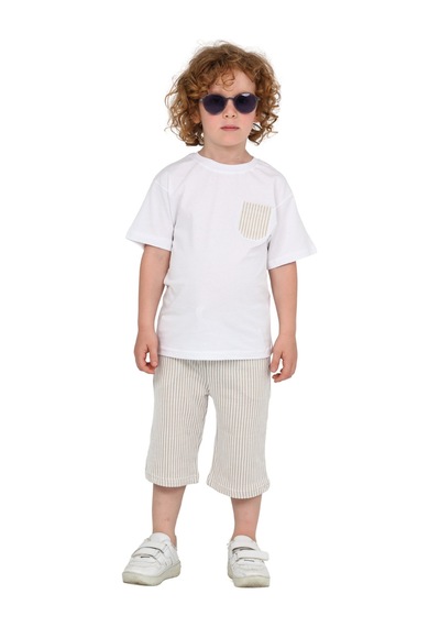 Erdem Kıds Erkek Çocuk Basic T-shirt Şort Çizgili Kaprili Yazlık 2'li Takım Bej Bej
