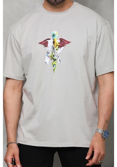Barlashive Erkek Baskılı T-shirt Kısa Kol Bisiklet Yaka Regular Fit Rahat Kalıp Tişört - Gri Çok Renkli