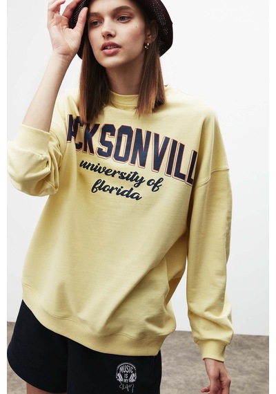 ETHIQUET RA ONA Kadın Oversize Yumuşacık İçi Polarlı Organik Pamuklu Baskılı Yuvarlak Yakalı Sarı Sweatshirt