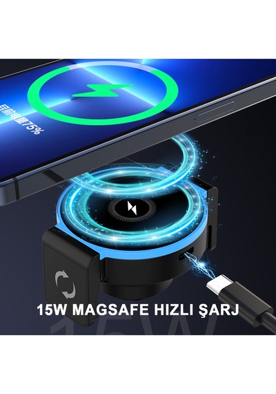 15w Kablosuz Hızlı Şarjlı Magsafe Uyumlu Otomatik Kelepçeli Araç Telefon Tutucu Çift Montaj Seçeneği Siyah