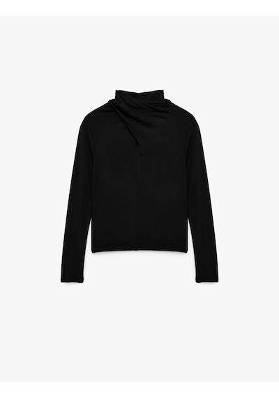 Koton Uzun Kollu Slim Fit Drapeli Dik Yaka Tişört Siyah 6wak50002ek SIYAH