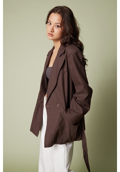 Keten Karışımlı Kuşaklı Blazer Ceket Kahve