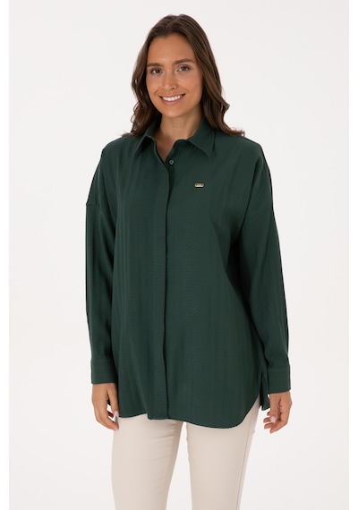 U.S. Polo Assn. Kadın Koyu Yeşil Uzun Kollu Oversize Desenli Gömlek 50316422-VR079