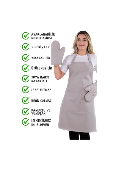 Simple 3lü Set Ayar Askılı Cepli Mutfak Önlüğü Seti 2 Eldiven Şef Garson Kafe Aşçı Barista Açık Gri
