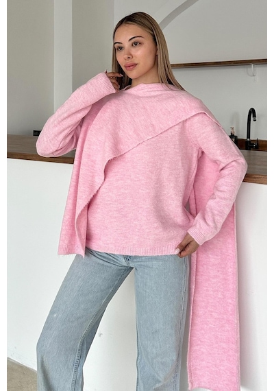 Olcay Kendinden Atkılı Triko Kazak Pembe 8266