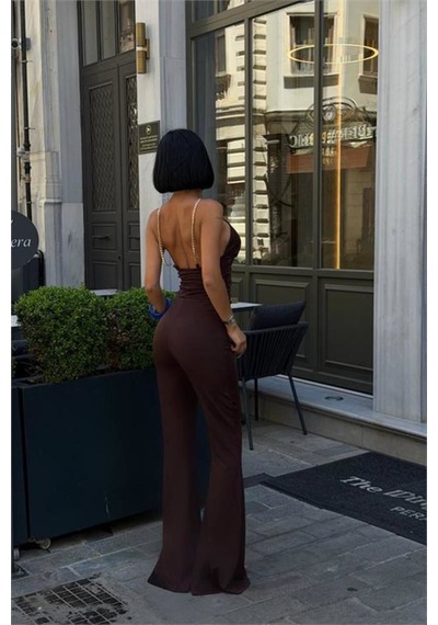 Neşeli Butik Kadın Kahverengi Halter Yaka Zincir Askılı İspanyol Paça Premium Tulum Nbdf290 Neşeli Butik Kadın Kahverengi Halter Yaka Zincir Askılı İspanyol Paça Premium Tulum Nbdf290