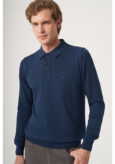 İmza İndigo Polo Yaka Uzun Kol Örme Comfort Fit Pamuklu Kazak 1012265150 Indigo Mavi
