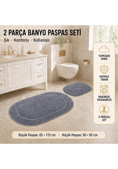 Tr Rixos 2'li Banyo Halısı Paspası Seti Kaymaz Tabanlı Klozet Takımı, Gri Genel