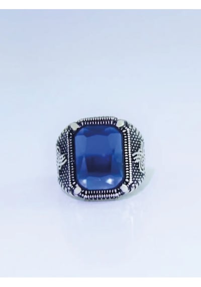 Gümüş Pençe Model Tuğra Desenli Kristal Kesim Safir Taşlı Erkek Yüzük