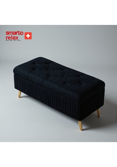 Smarto Relax Swiss Style Puf , Appenzell Kapitone Sandıklı Puf, Babyface Kaplama, 100x40x45 Cm, Ahşap Ayaklı ,sandıklı Dekoratif Puf Siyah