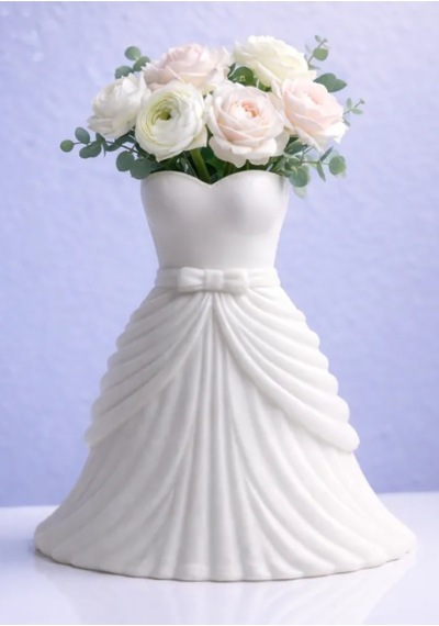 Modern Dekoratif Şık Gelinlik Vazo 18 Cm Beyaz Beyaz