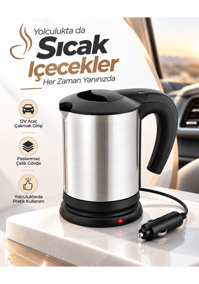 Yolculuk Ve Seyahat İçin 12v Araç Uyumlu Paslanmaz Çelik Elektrikli Su Isıtıcı Kettle - Lisinya