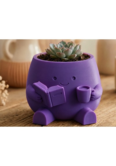 3d Baskı Kitap Okuyan Saksı - Kupa Tutan Sevimli Saksı-mor