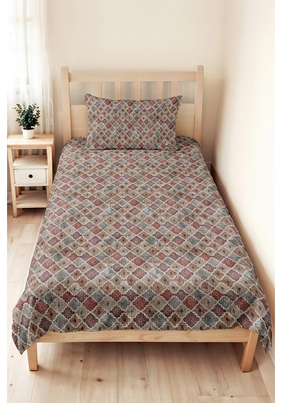 Bohem Geometrik Bej Tek Kişilik Pike Takımı - Mavi Gül Kurusu Otantik Yazlık Yatak Örtüsü 160x220 Cm Kırık Ufuk Çizgisi