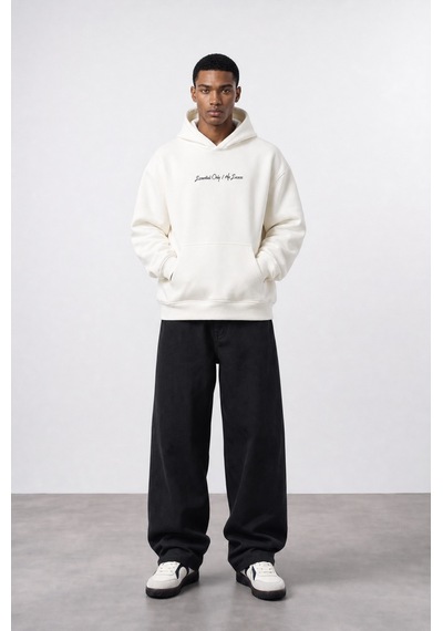 Respire Erkek Essentials Nakışlı Oversize Hoodie Ekru