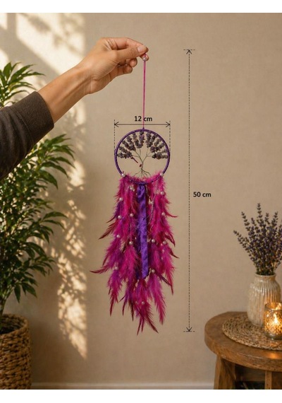 Ametist Doğal Taşlı İncili Rüya Kapanı Dreamcatcher 50 Cm İncili Duvar Süsü