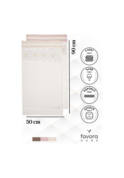 %100 Pamuk Güpürlü Çeyizlik 4'lü Havlu 50x90 - Krem - Pudra Krem - Pudra