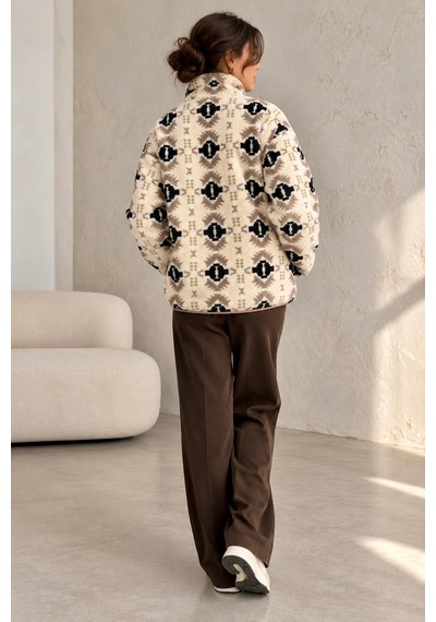 Bbbutikbasic Dik Yaka Yarım Fermuarlı Desenli Polar Sweatshirt My3535 Etnik