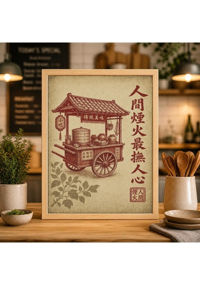 Antika Dim Sum Arabası Linol Baskı Doğu Asya Pazarı Duvar Dekoru