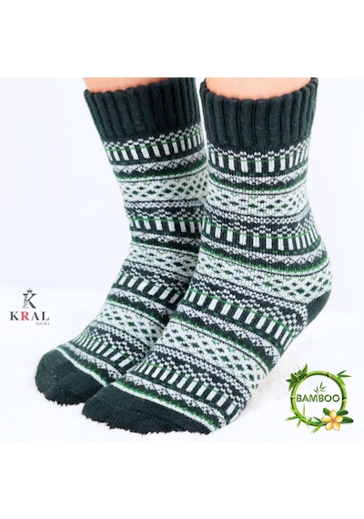 Kral Socks Özel Üretim 3 Çift Kalın Kışlık %100 Yün Çizgili - Motif Desenl Asorti
