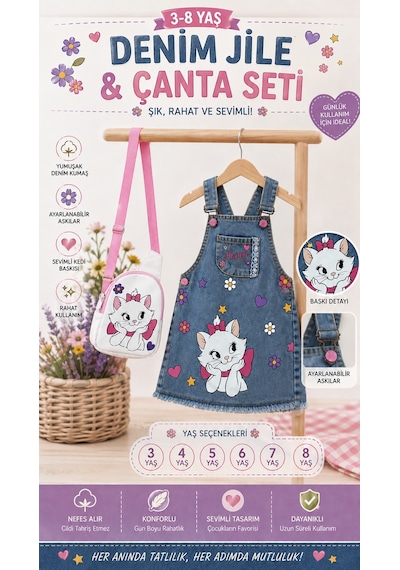 Nota Kids Kız Çocuk Kedi Baskılı Kot Jile Elbise Çantalı Denim Askılı Günlük Elbise 3-8yaş Mavi
