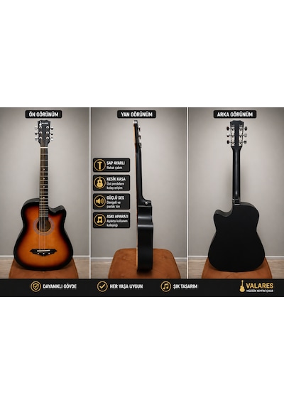Valares 38c Kesik Kasa Sap Ayarlı Akustik Gitar 38 4/4 Full Aksesuar Hediyeli Sunburst Suhr Burst