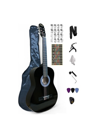 4/4 39 İnç Siyah Klasik Gitar Seti Sap Ayarlı Kılıf Askı Pena Kapo Sticker Çevirici