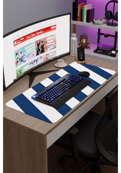 Mavi Beyaz 90x40 Xxl Taraftar Gaming Oyuncu Mouse Pad Kaymaz Taban Büyük Klavye Fare Altlığı Şerit