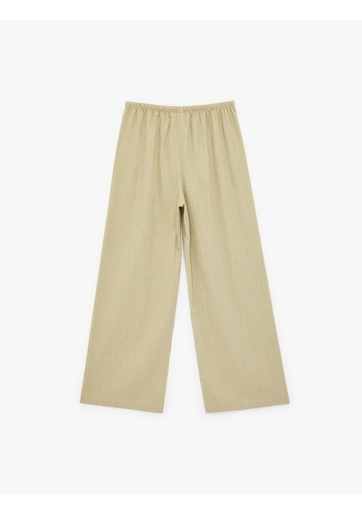 Koton Beli Bağcıklı Viskon Karışımlı Uzun Geniş Paça Pantolon Haki 6sal40049ıw