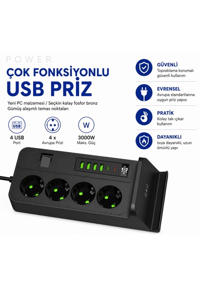 4'lü Priz Çoklayıcı Kablosuz Şarjlı 4 Usb + Type-c 3000w 24 Saat Dijital Zamanlayıcılı 2 Metre Kablolu Akıllı Priz 0 - 2 M