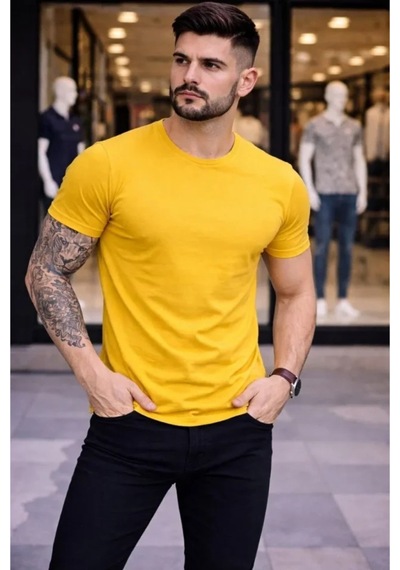 Butik İstanbul Erkek T-shirt Bisiklet Yaka Slim Fit Dar Kesim Likralı Tişört Günlük Basic Body - Sarı