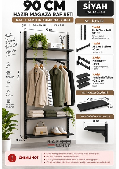 90 Cm Duvar Raf Askılık Sistemi 3 Raflı 200 Cm Konik Dikme Hazır Set Siyah