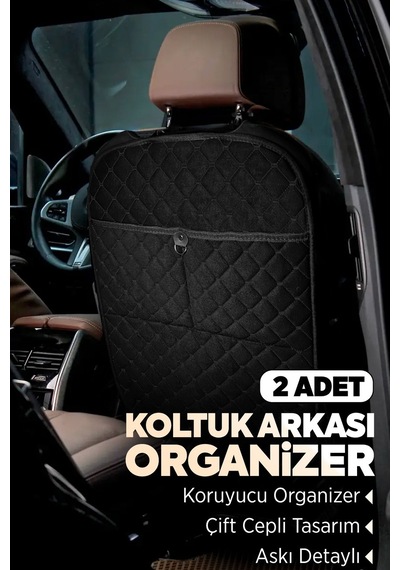 Tay Tüyü Kapitone Oto Koltuk Arkası Koruyucu Organizer - Araç İçi Organizeri Siyah 2 Adet