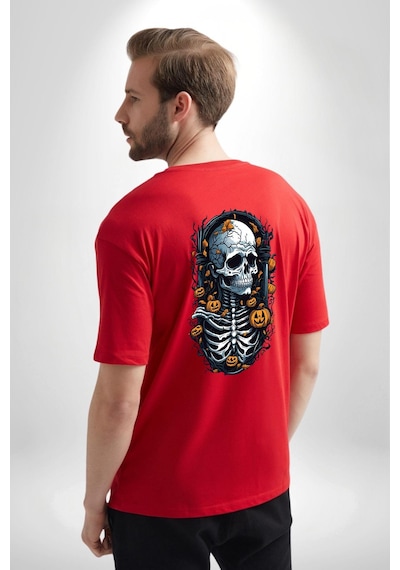 Cadılar Bayramı Kuru Kafa Kırmızı Oversize Unisex Ön Ve Sırt Baskılı Tişört Kırmızı Cadılar Bayramı Kuru Kafa Kırmızı Oversize Unisex Ön Ve Sırt Baskılı Tişört Kırmızı