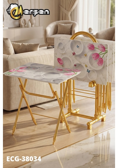 Eranş Serisi 4'lü Katlanır Cam Daire Ve Çiçek Desen Çanta Zigon Sehpa Gold Ayak Daire Ve Çiçek Desen Gold