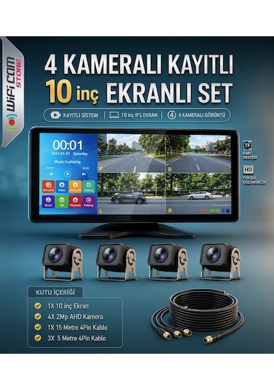 10 İnç Ahd 4 Kameralı Dokunmatik Kayıtlı Arac Kamera Seti
