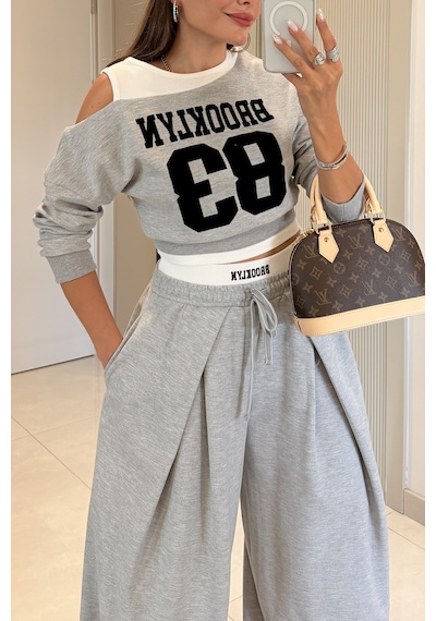 Extra Wide Ekstra Geniş Paçalı Bağcıklı Eşofman Alt Ve Düşük Omuz İki Parçalı Atletli Eyalet Abd Usa Yazı Baskılı 2 Parça Görünümlü Uzun Kol Sweatshirt Spor Mevsimlik Kadın Takım Gri