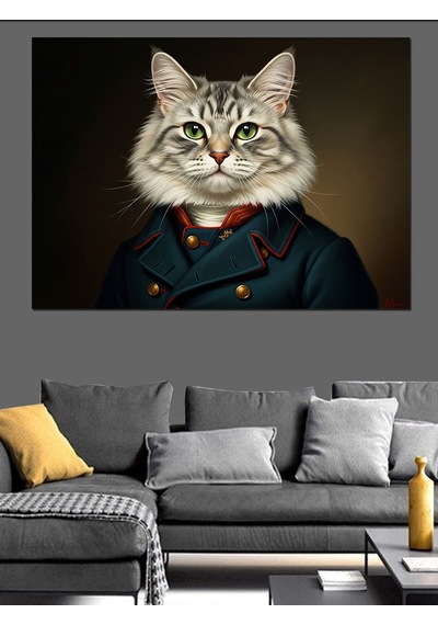 Askeri Üniformalı Aristokrat Kedi Portresi Dekoratif Kanvas - Mdf Ahşap Tablo