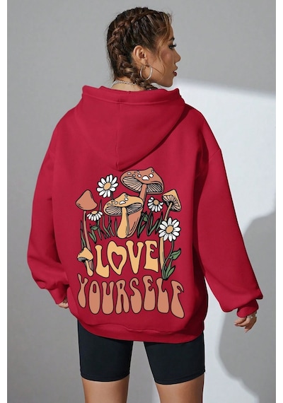 Uyguntarz Unisex Oversize Love Yourself Baskılı Sweatshirt Kırmızı