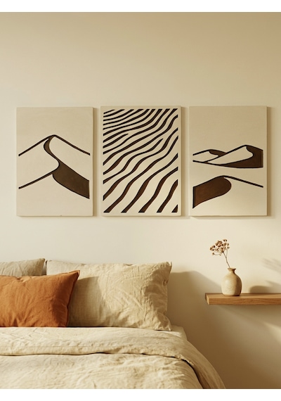 Desert Trilogy 3'lü Duvar Sanatı Seti - Modern Soyut Kum Tepesi Ve Rüzgar Dalgaları Motifli Kazıma Tablo, Organik Minimalist Oyma Tablo Seti