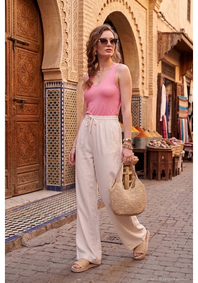 Lela Pamuklu Relaxed Fit Yüksek Bel Geniş Paça Pantolon Bayan Pantolon 668yp5559 Ekru