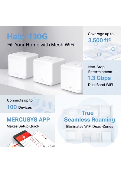 MERCUSYS HALO H30G AC1300 Dual Band Mesh Sys  em 3-lü Paket