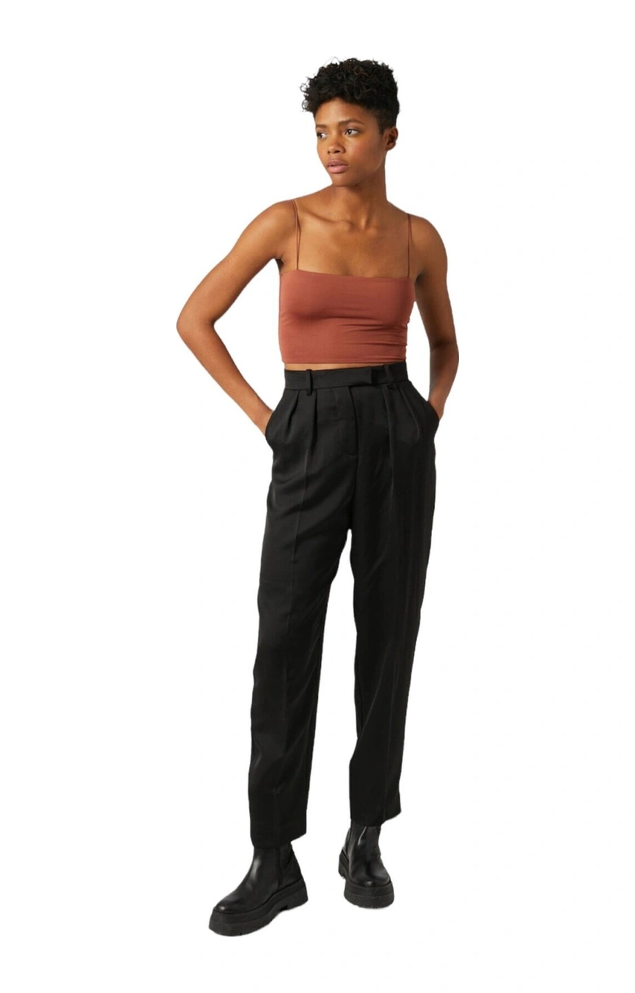 Mamayaga Kadın Askılı Şık Croptop Bluz Taba