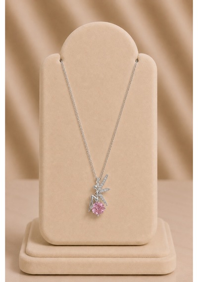 Pembe Taşlı Figürlü Silver Kolye Gümüş