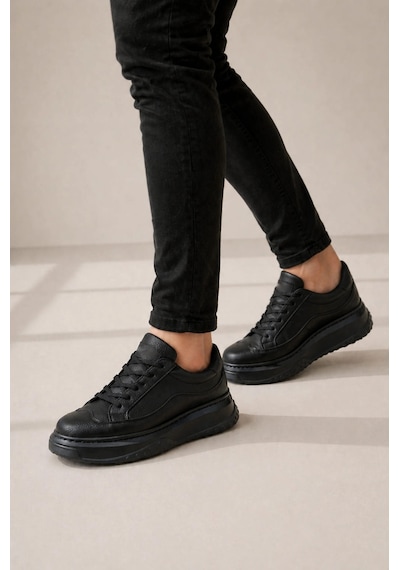 Mevese Ventoy Erkek Bağcıklı Cilt Günlük Sneaker Ayakkabı Siyah