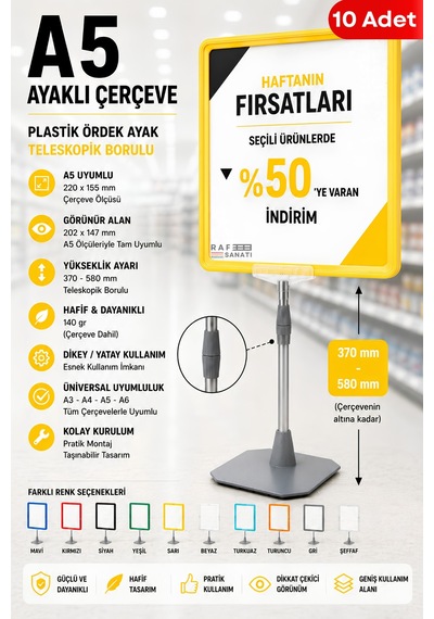 10 Adet - A5 Ayaklı Çerçeve Seti Plastik Ördek Ayak Teleskopik Borulu Fiyat Etiketliği Yönlendirme Levhası Menü Panosu Sarı