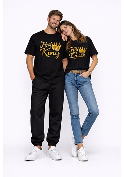 King Queen Sevgili Kombini Oversize Çift Tişört Unisex Partner Ko Siyah